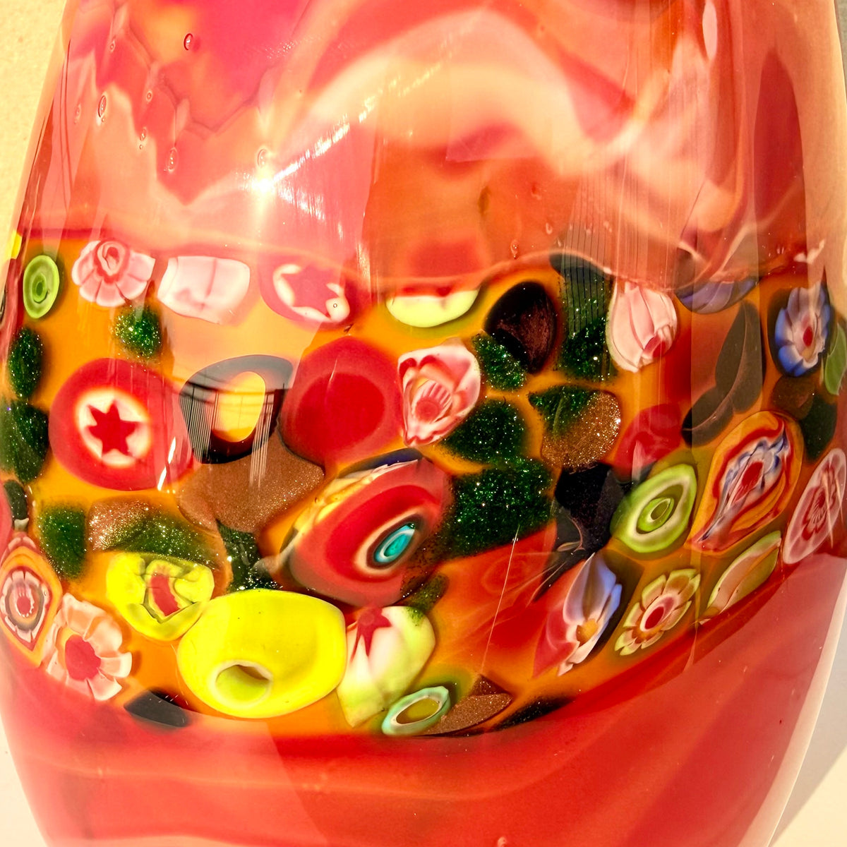 Vintage Red Millefiori Glass Vase 12.2" | Hand Blown Swirl Retro Decor Vase Gift