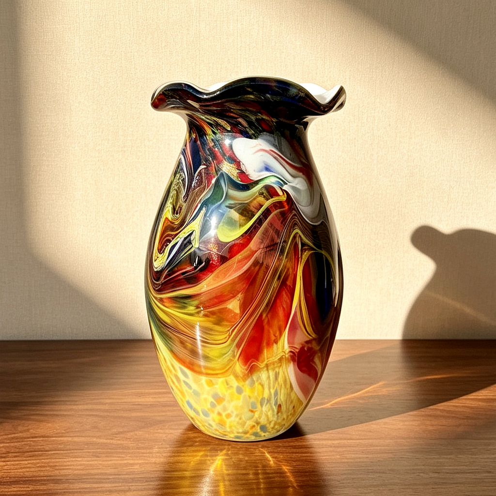 Hand-Blown Vintage Multicolor Art Glass Vase – Swirl Pattern, Ruffled Rim, One-of-a-Kind Retro Decor