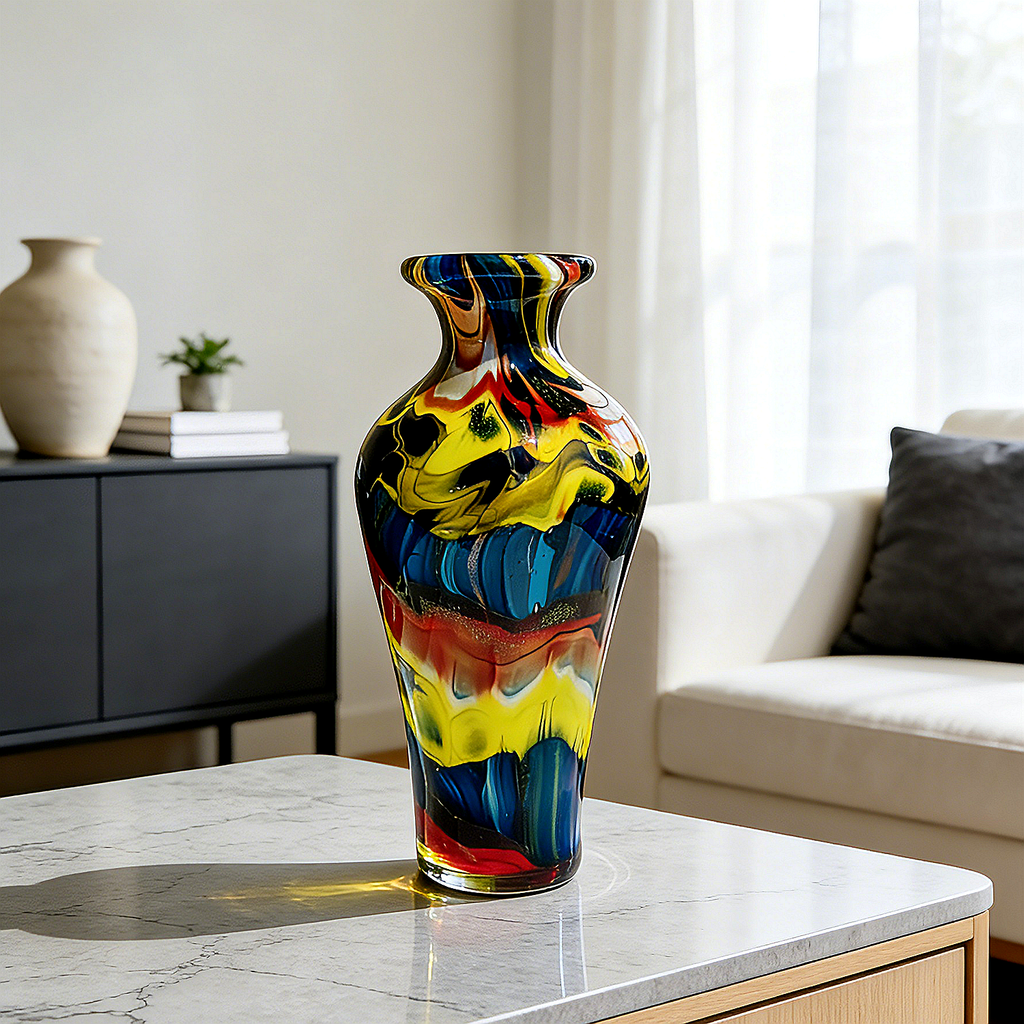 Murano Style Multicolor Art Glass Vase, Blue Yellow Red Swirl Decorative Vase