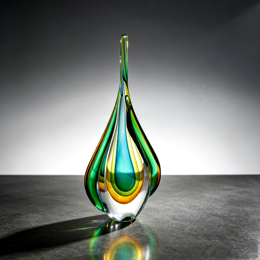 Handmade Sommerso Teardrop Glass Sculpture 13" | Twist Edge Refractive Table Decor Gift