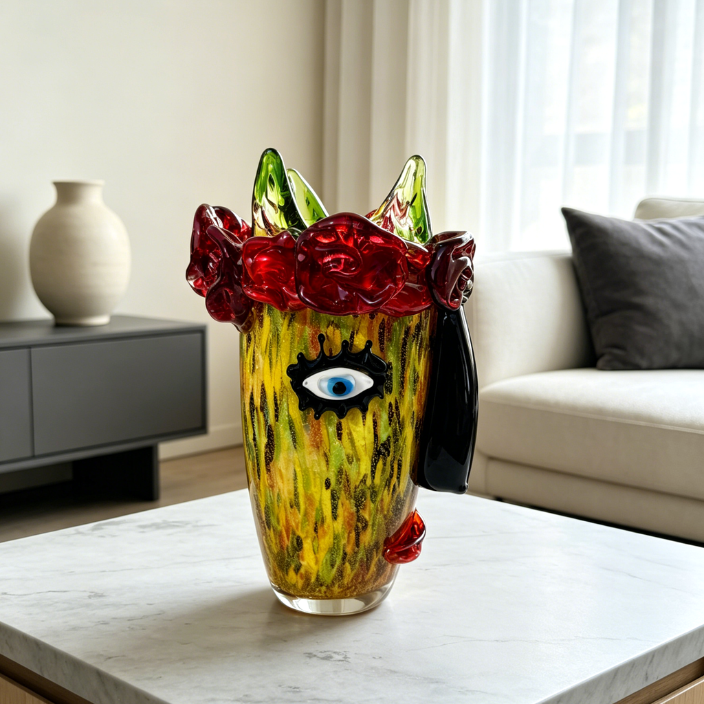 Murano Style Art Glass Face Vase with Red Roses, Silver Foil Finish & Colorful Sculptural Details