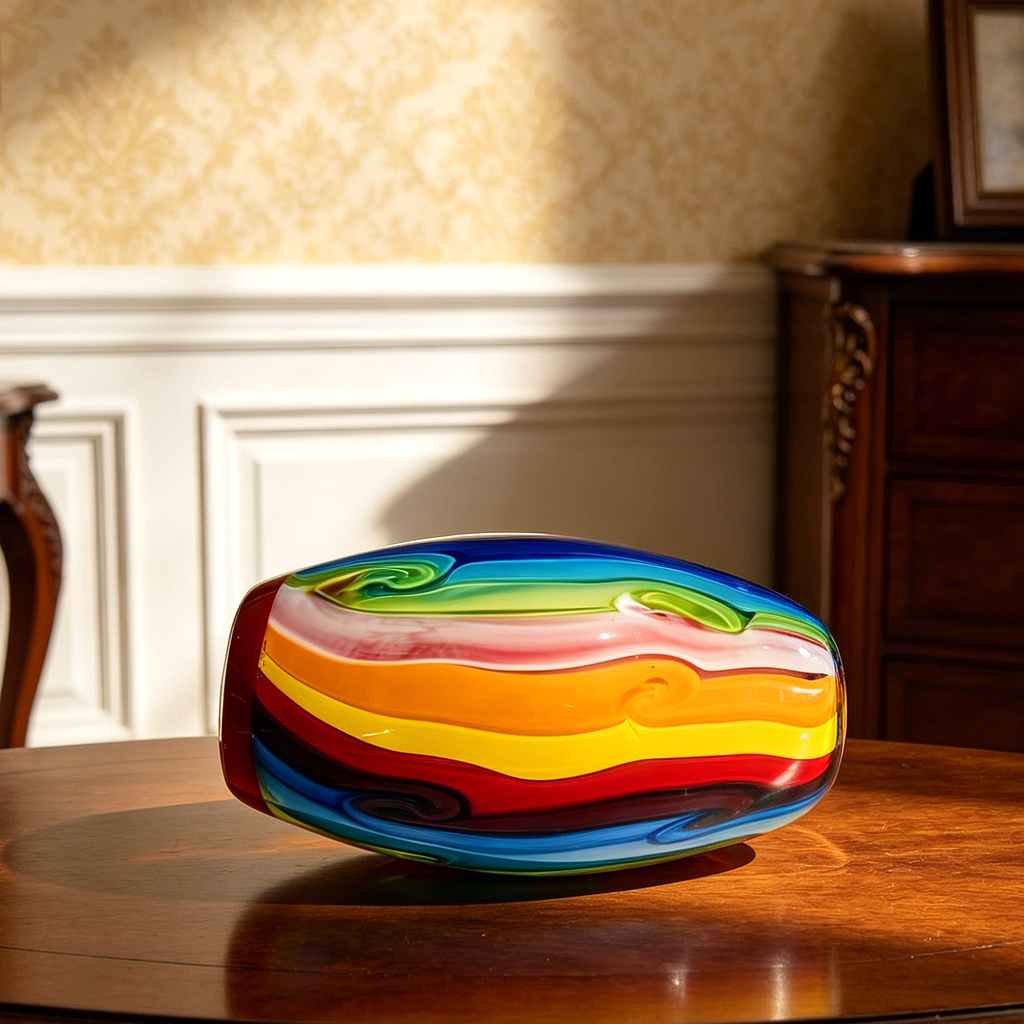 Hand Blown Murano Style Double Layer Rainbow Glass Vase 7 Inch, Red Interior Colorful Swirl Art Glass, Unique Small Table Decor Gift