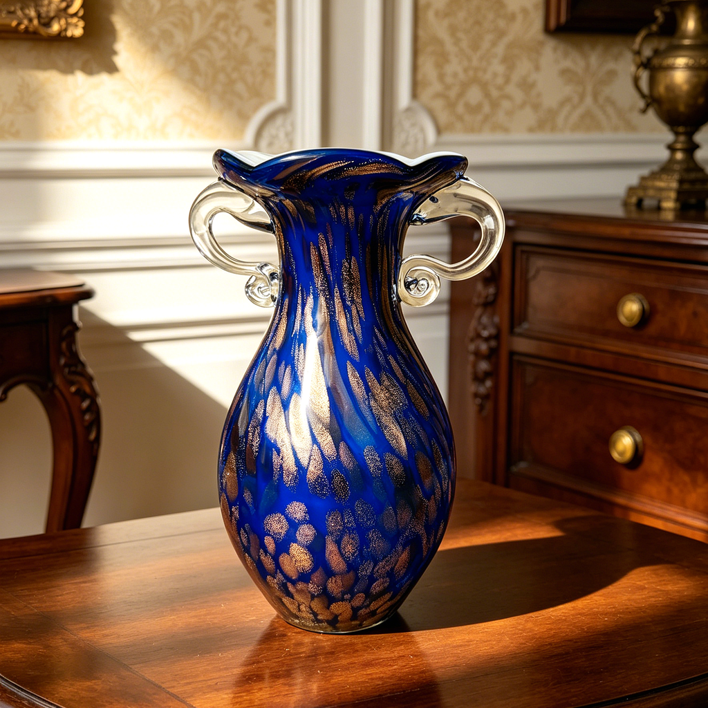 Vintage Murano Style Cobalt Blue Art Glass Vase with Gold Flecks & Clear Glass Handles, Decorative Statement Vase