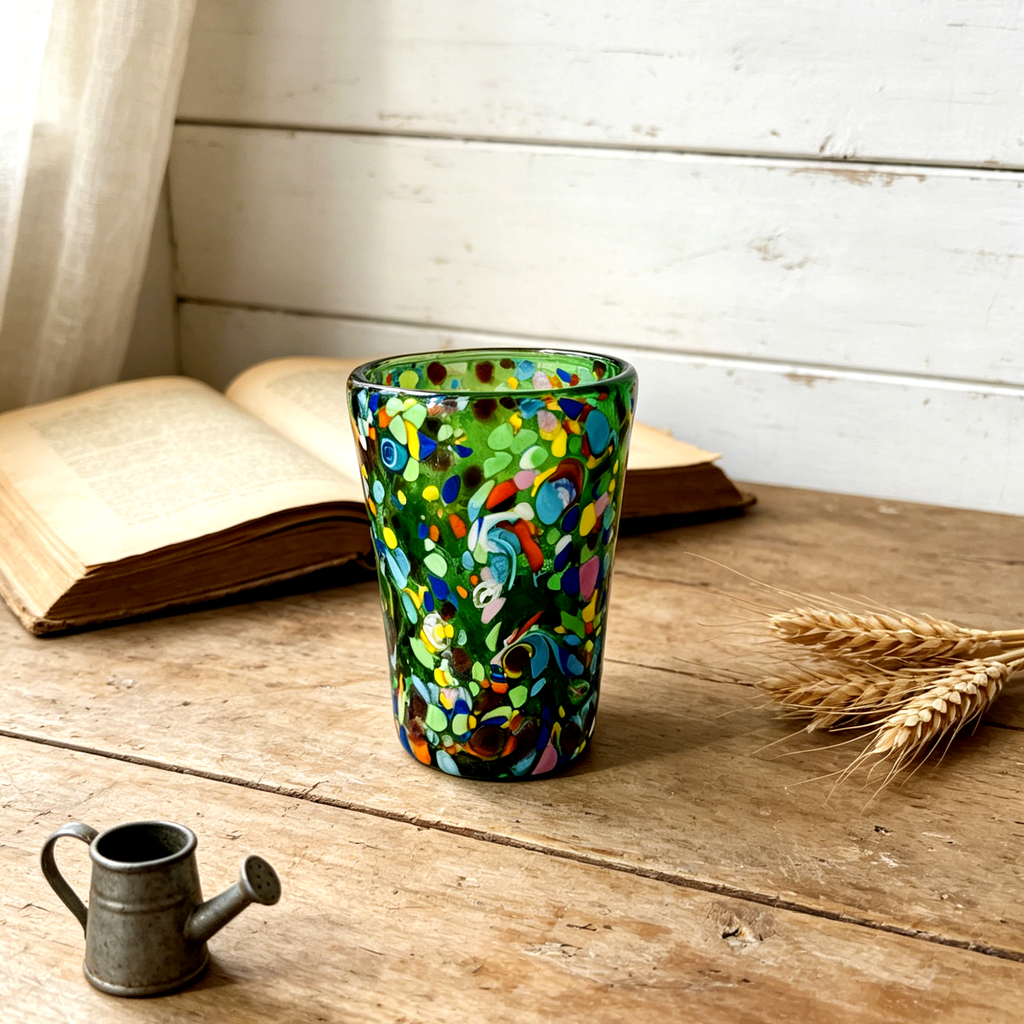 Murano Style Multicolor Art Glass Tumbler, Green Decorative Drinking Glass