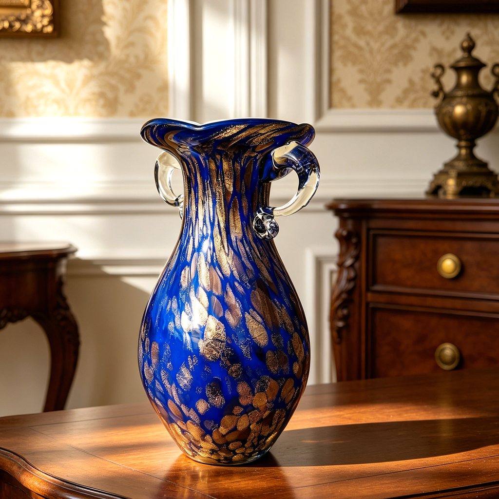 Vintage Murano Style Cobalt Blue Art Glass Vase with Gold Flecks & Clear Glass Handles, Decorative Statement Vase