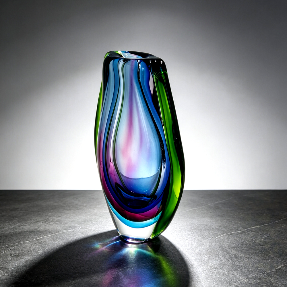 Hand Blown Sommerso Cased Glass Vase 8.7" |  Green Purple Refractive Vase Modern Table Decor Gift