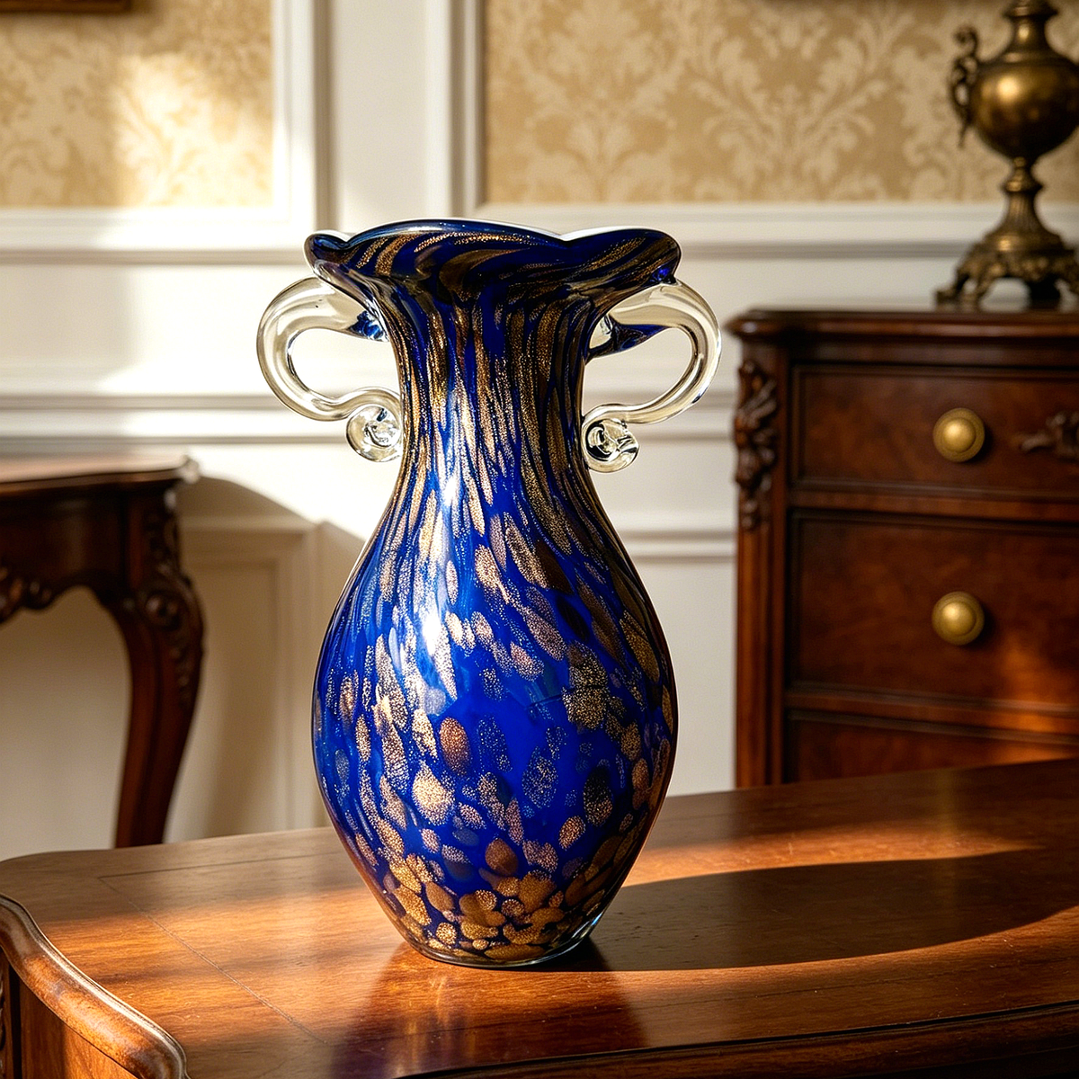 Vintage Murano Style Cobalt Blue Art Glass Vase with Gold Flecks & Clear Glass Handles, Decorative Statement Vase