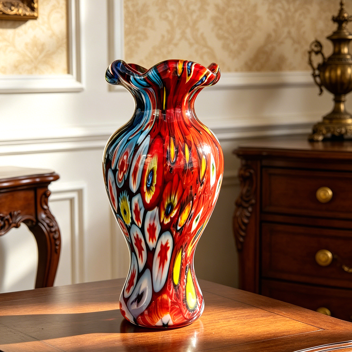 Vintage Murano Style Millefiori Glass Vase, Multicolor Art Glass Bud Vase, 20cm Decorative Statement Piece