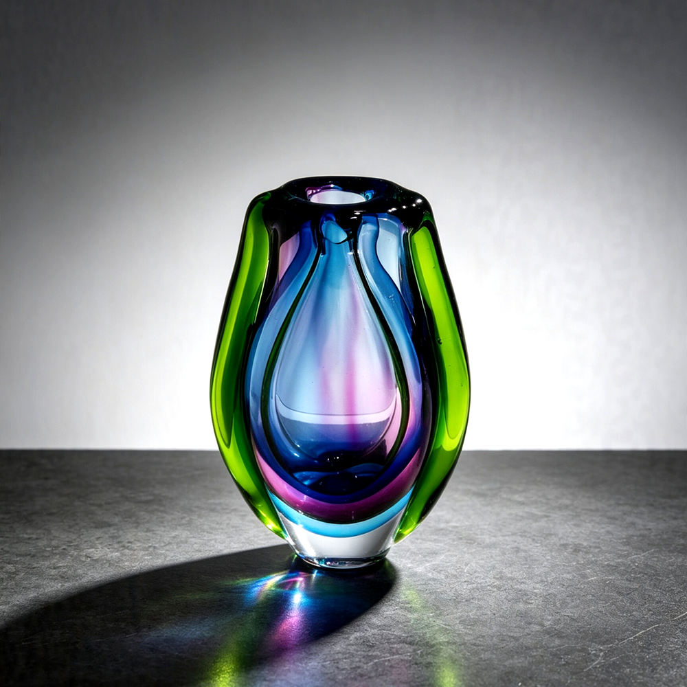 Hand Blown Sommerso Cased Glass Vase 8.7" |  Green Purple Refractive Vase Modern Table Decor Gift