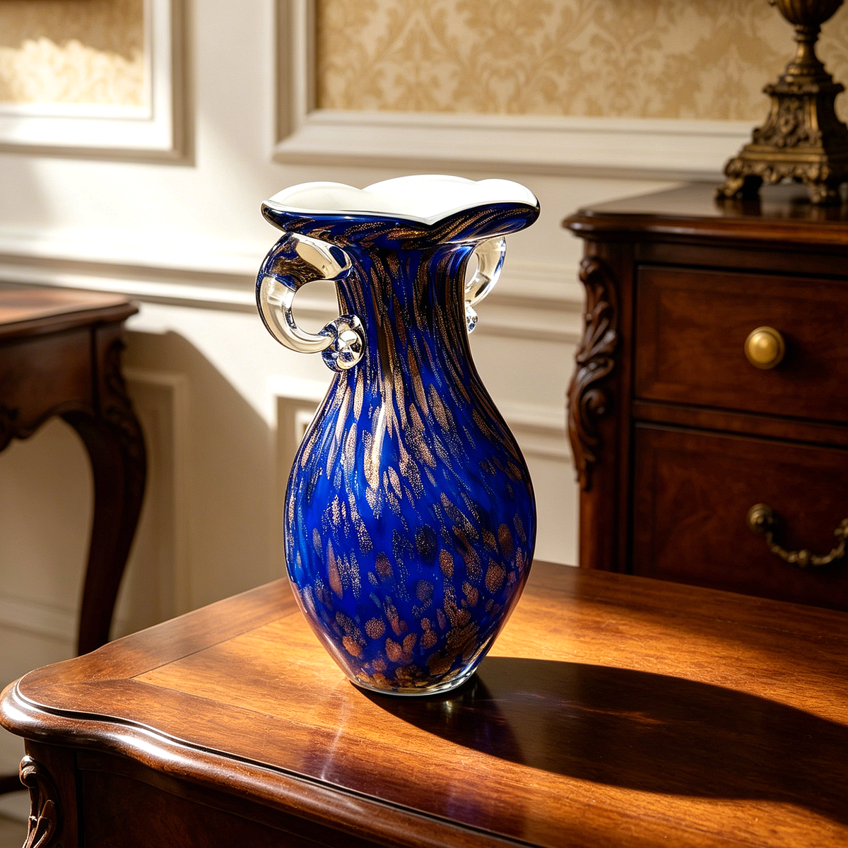 Vintage Murano Style Cobalt Blue Art Glass Vase with Gold Flecks & Clear Glass Handles, Decorative Statement Vase