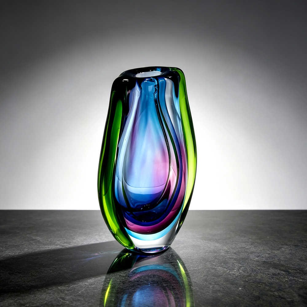 Hand Blown Sommerso Cased Glass Vase 8.7" |  Green Purple Refractive Vase Modern Table Decor Gift