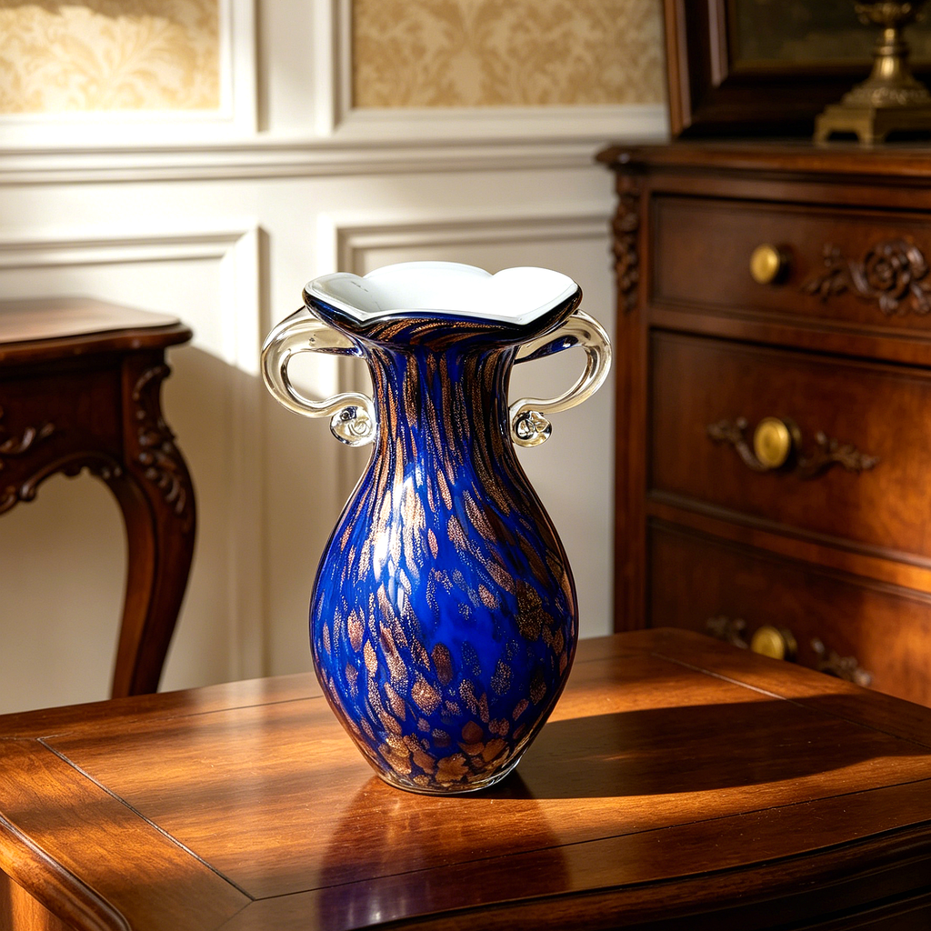 Vintage Murano Style Cobalt Blue Art Glass Vase with Gold Flecks & Clear Glass Handles, Decorative Statement Vase