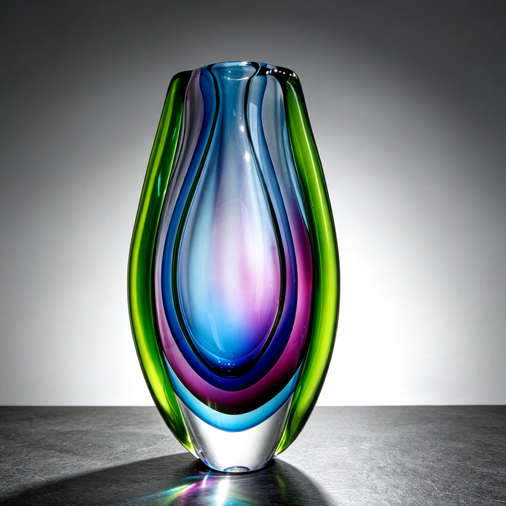 Hand Blown Sommerso Cased Glass Vase 8.7" |  Green Purple Refractive Vase Modern Table Decor Gift