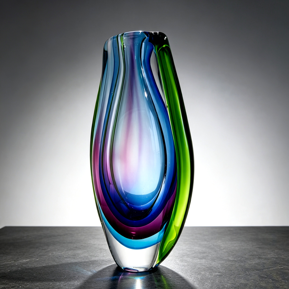 Hand Blown Sommerso Cased Glass Vase 8.7" |  Green Purple Refractive Vase Modern Table Decor Gift