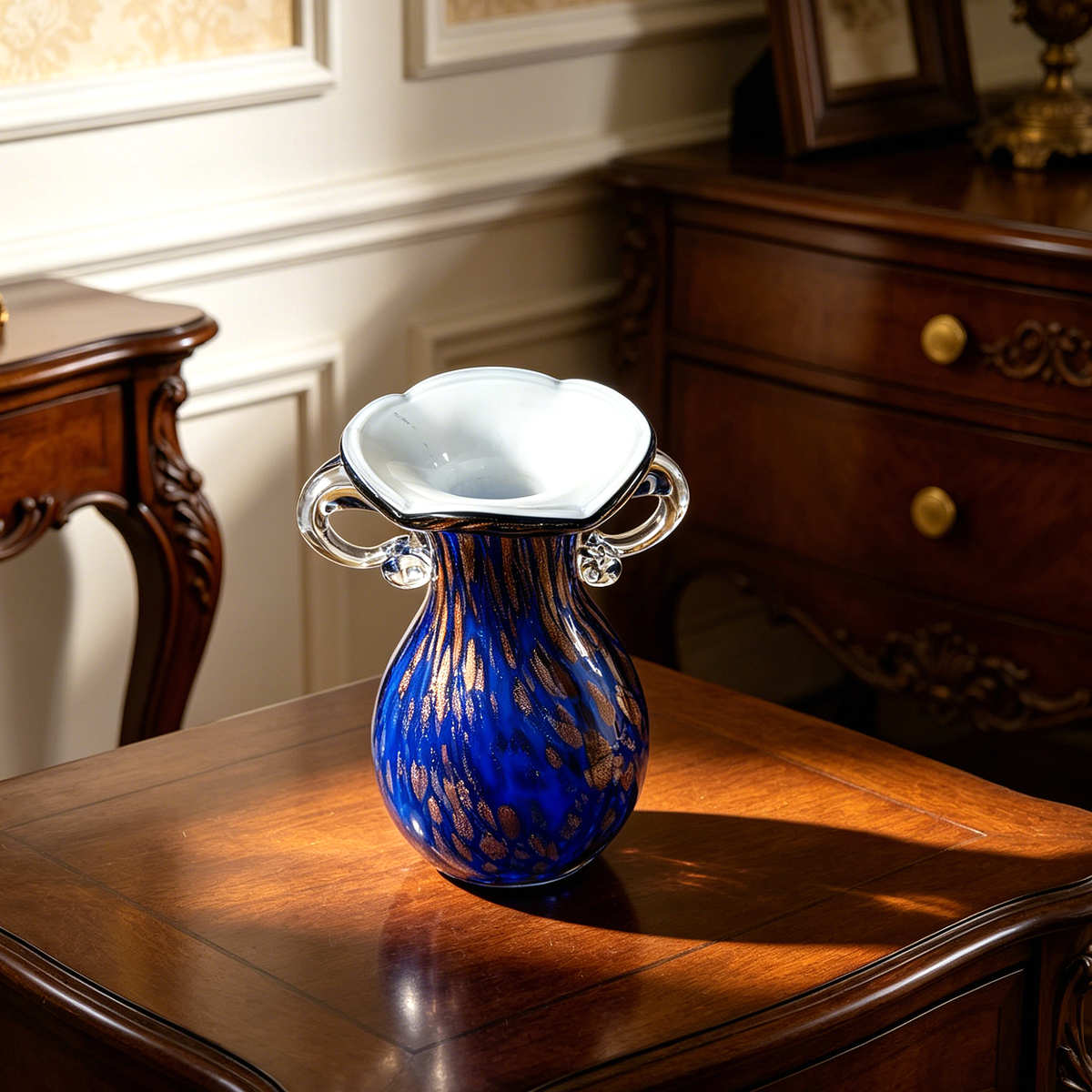 Vintage Murano Style Cobalt Blue Art Glass Vase with Gold Flecks & Clear Glass Handles, Decorative Statement Vase