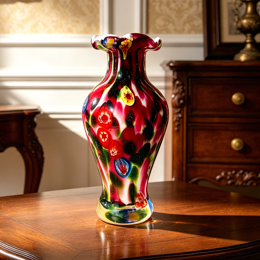 Vintage Murano Style Millefiori Glass Vase, 8-Inch Colorful Art Glass Flower Vase, Retro Handcrafted Look Home Decor