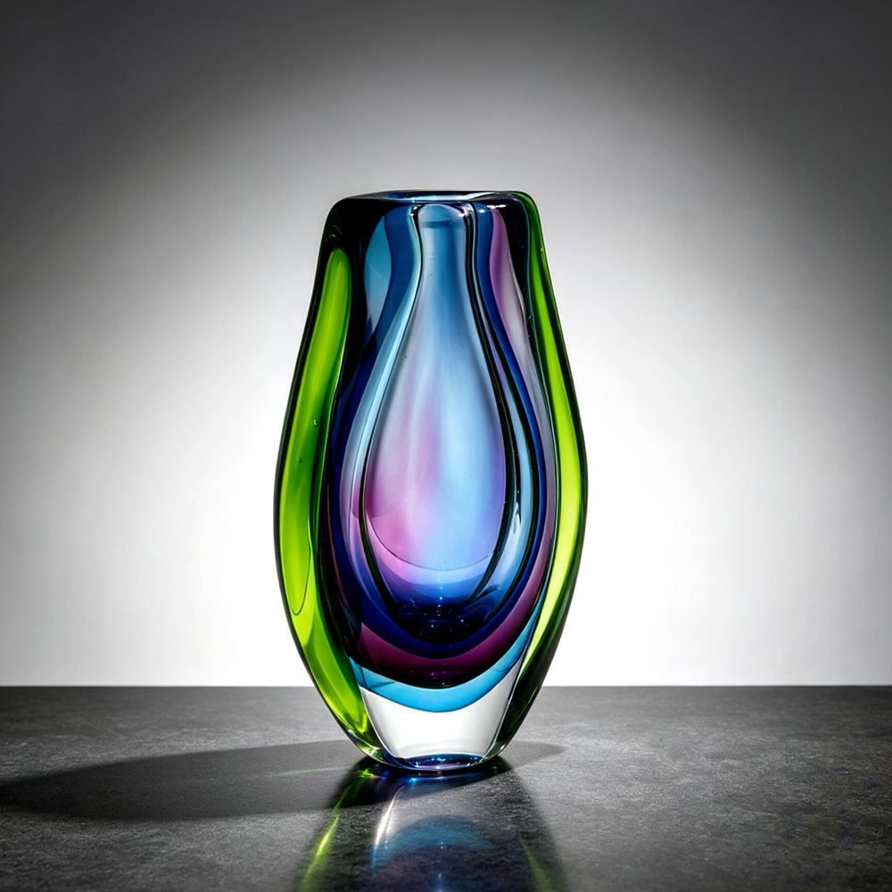 Hand Blown Sommerso Cased Glass Vase 8.7" |  Green Purple Refractive Vase Modern Table Decor Gift