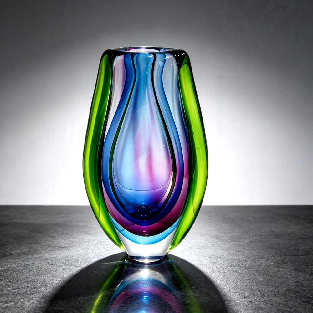 Hand Blown Sommerso Cased Glass Vase 8.7" |  Green Purple Refractive Vase Modern Table Decor Gift