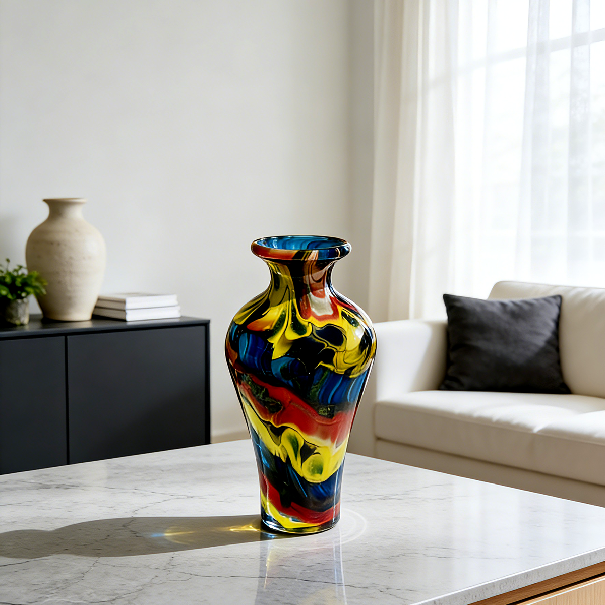 Murano Style Multicolor Art Glass Vase, Blue Yellow Red Swirl Decorative Vase