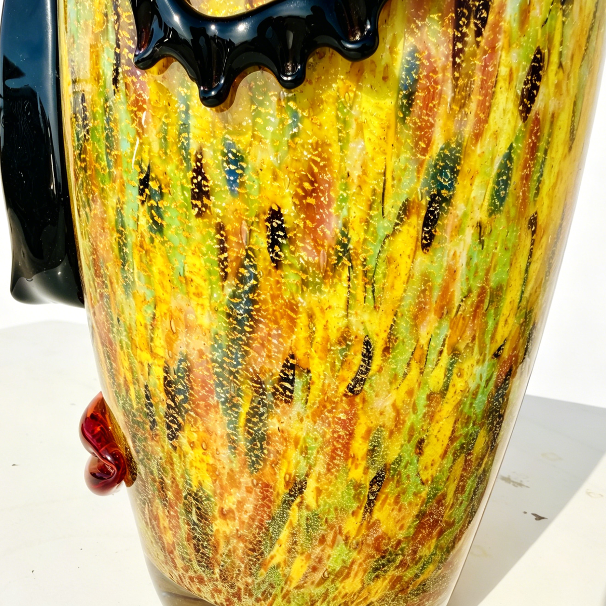 Murano Style Art Glass Face Vase with Red Roses, Silver Foil Finish & Colorful Sculptural Details