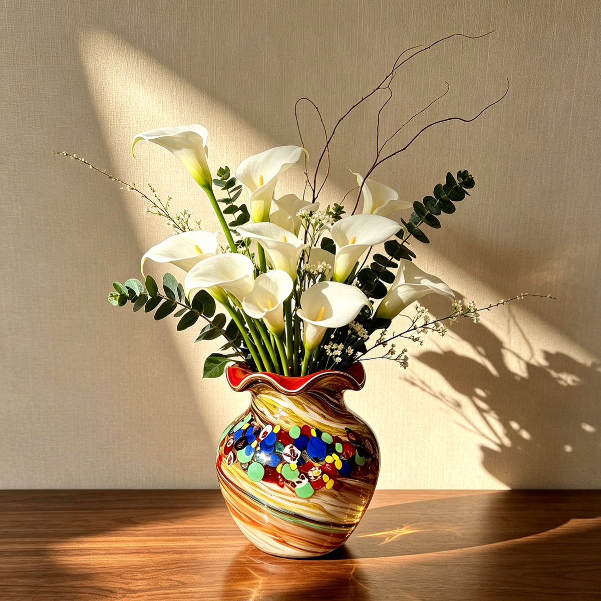 Vintage Millefiori Red Rim Glass Vase 9.1" | Hand Blown Ruffled Retro Decor Vase