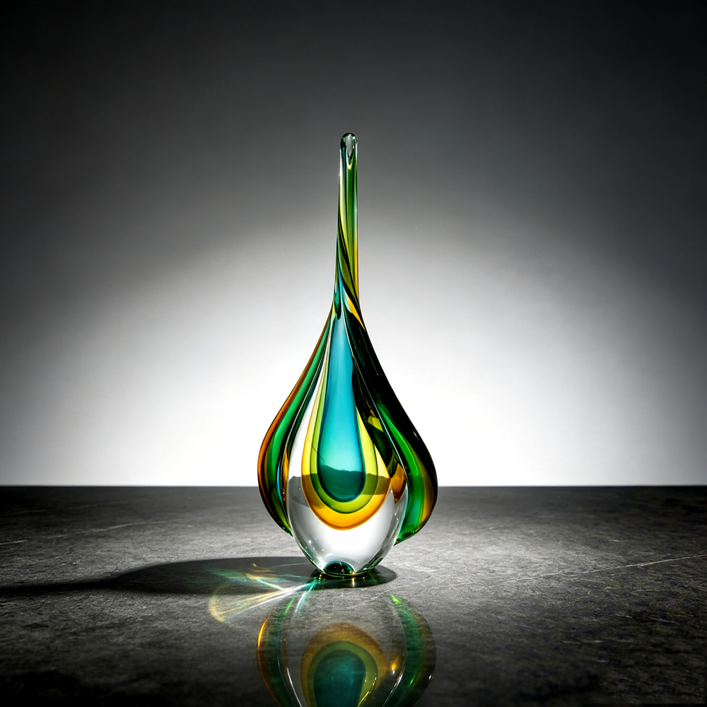Handmade Sommerso Teardrop Glass Sculpture 13" | Twist Edge Refractive Table Decor Gift
