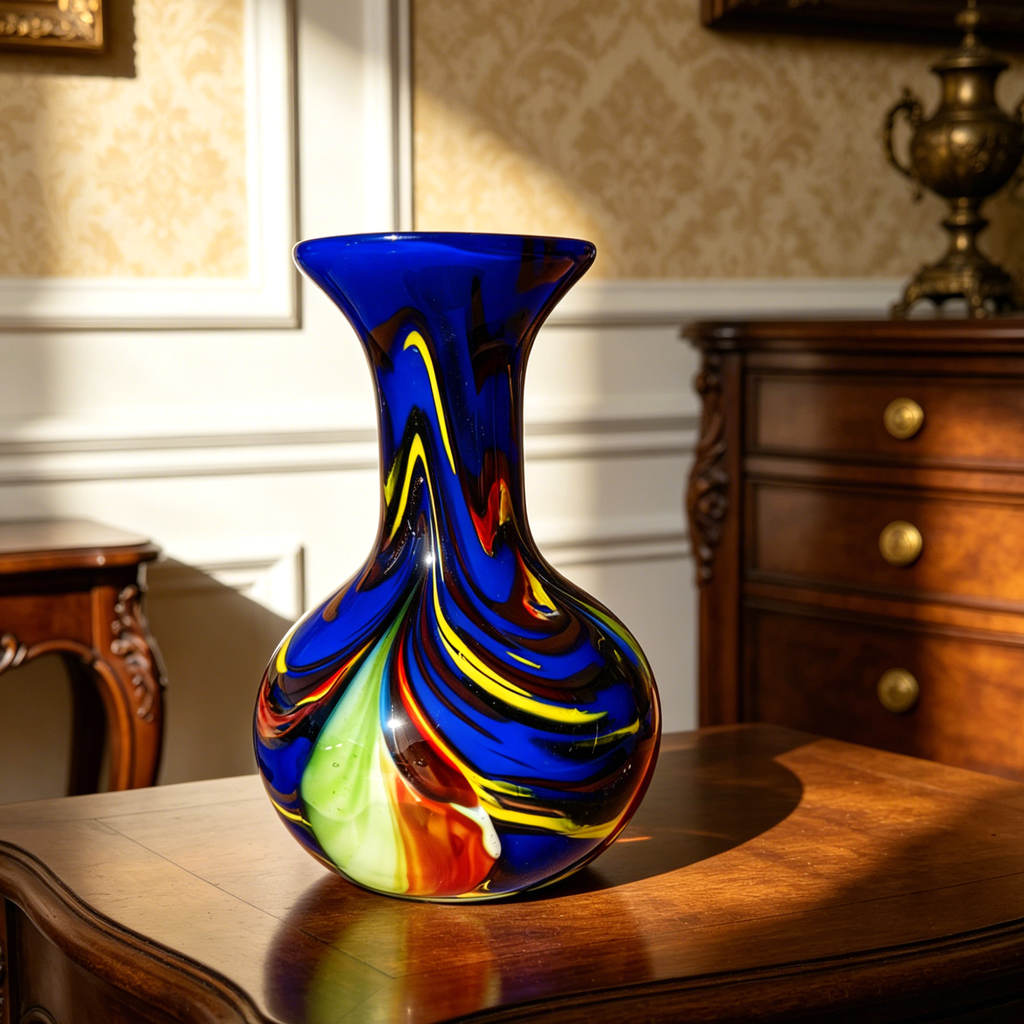 Vintage Murano-Style Art Glass Vase, Multicolor Swirl Decorative Bud Vase, 6.7" Tall