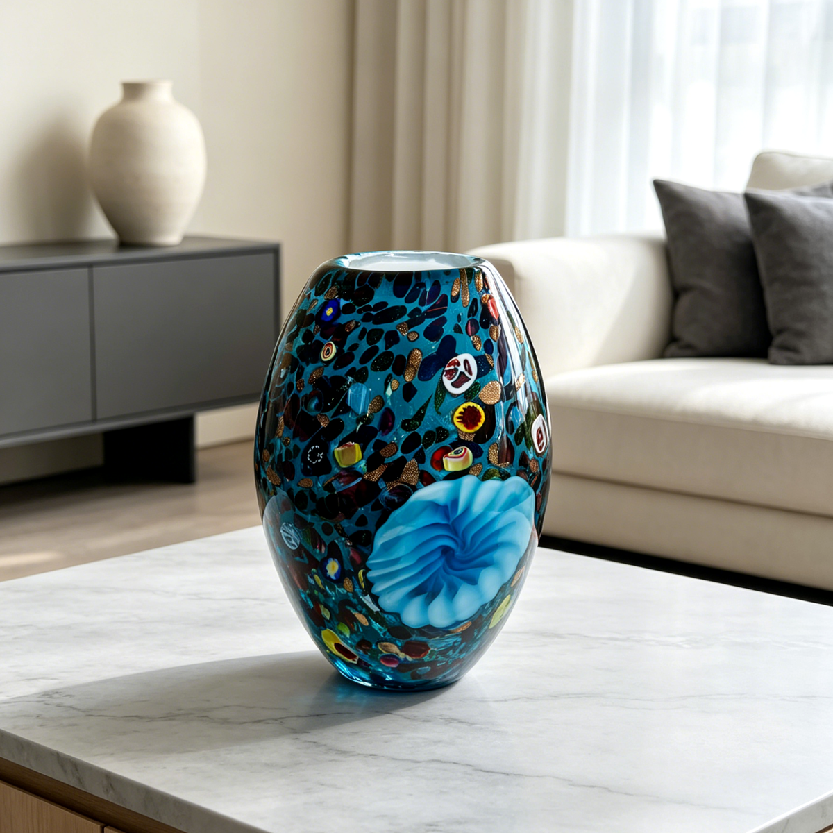 Blue Millefiori Art Glass Vase with Sculptural Floral Accent, 9.8-Inch