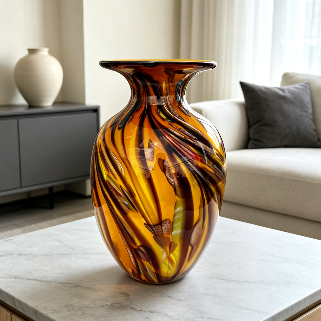 Vintage Murano Style Amber Art Glass Vase