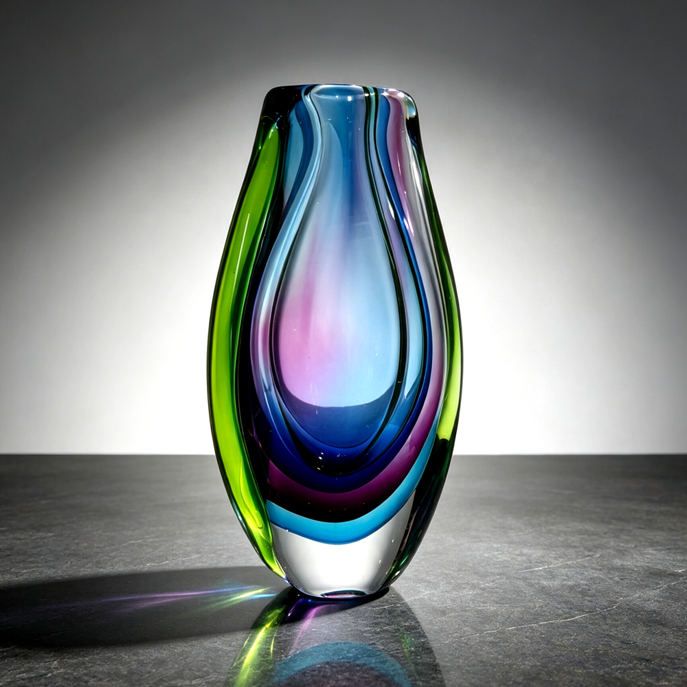 Hand Blown Sommerso Cased Glass Vase 8.7" |  Green Purple Refractive Vase Modern Table Decor Gift