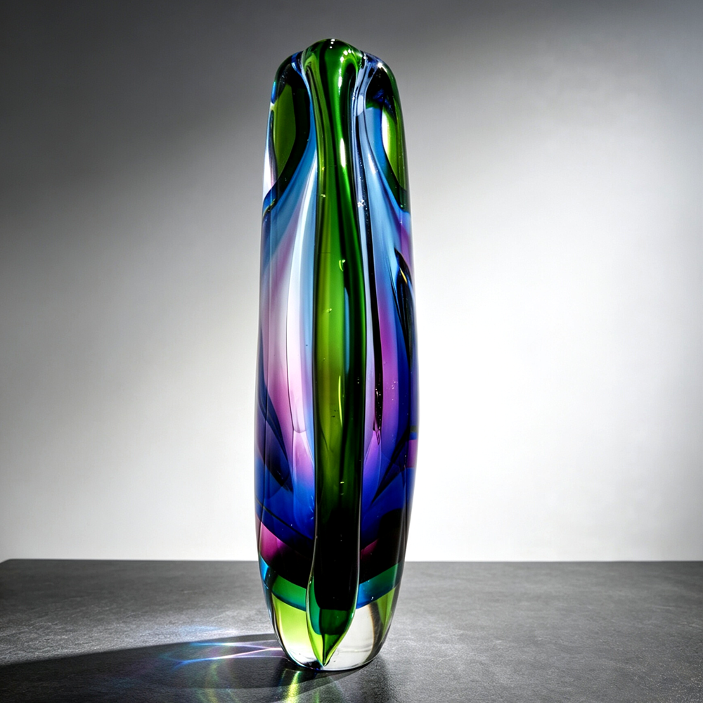 Hand Blown Sommerso Cased Glass Vase 8.7" |  Green Purple Refractive Vase Modern Table Decor Gift