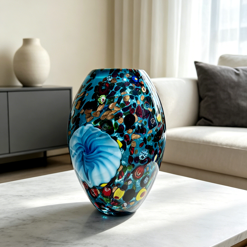 Blue Millefiori Art Glass Vase with Sculptural Floral Accent, 9.8-Inch