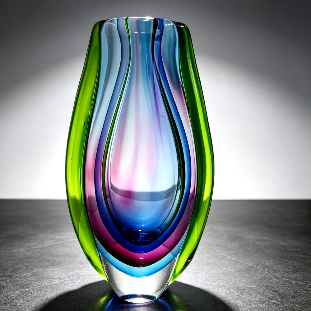 Hand Blown Sommerso Cased Glass Vase 8.7" |  Green Purple Refractive Vase Modern Table Decor Gift