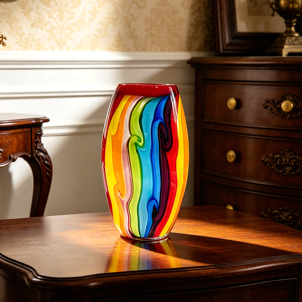 Hand Blown Murano Style Double Layer Rainbow Glass Vase 7 Inch, Red Interior Colorful Swirl Art Glass, Unique Small Table Decor Gift