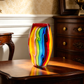 Hand Blown Murano Style Double Layer Rainbow Glass Vase 7 Inch, Red Interior Colorful Swirl Art Glass, Unique Small Table Decor Gift