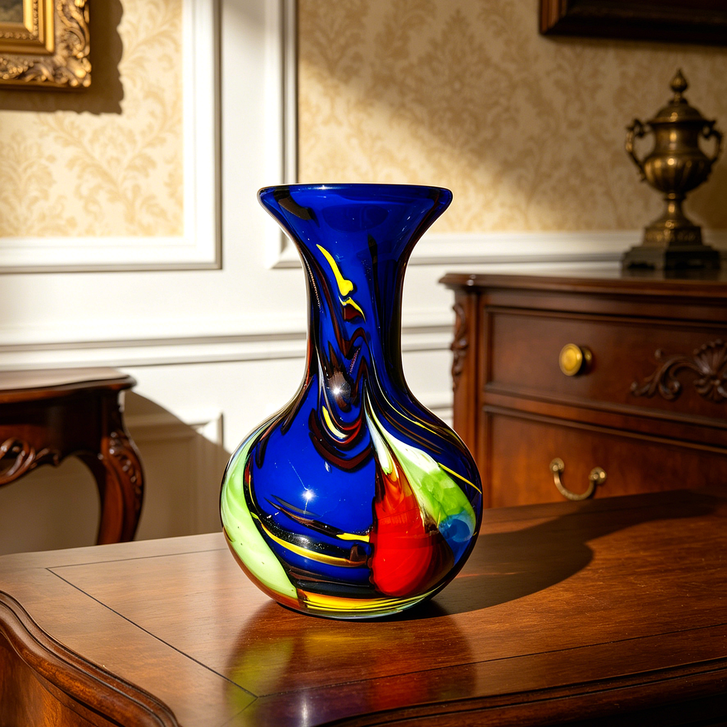 Vintage Murano-Style Art Glass Vase, Multicolor Swirl Decorative Bud Vase, 6.7" Tall