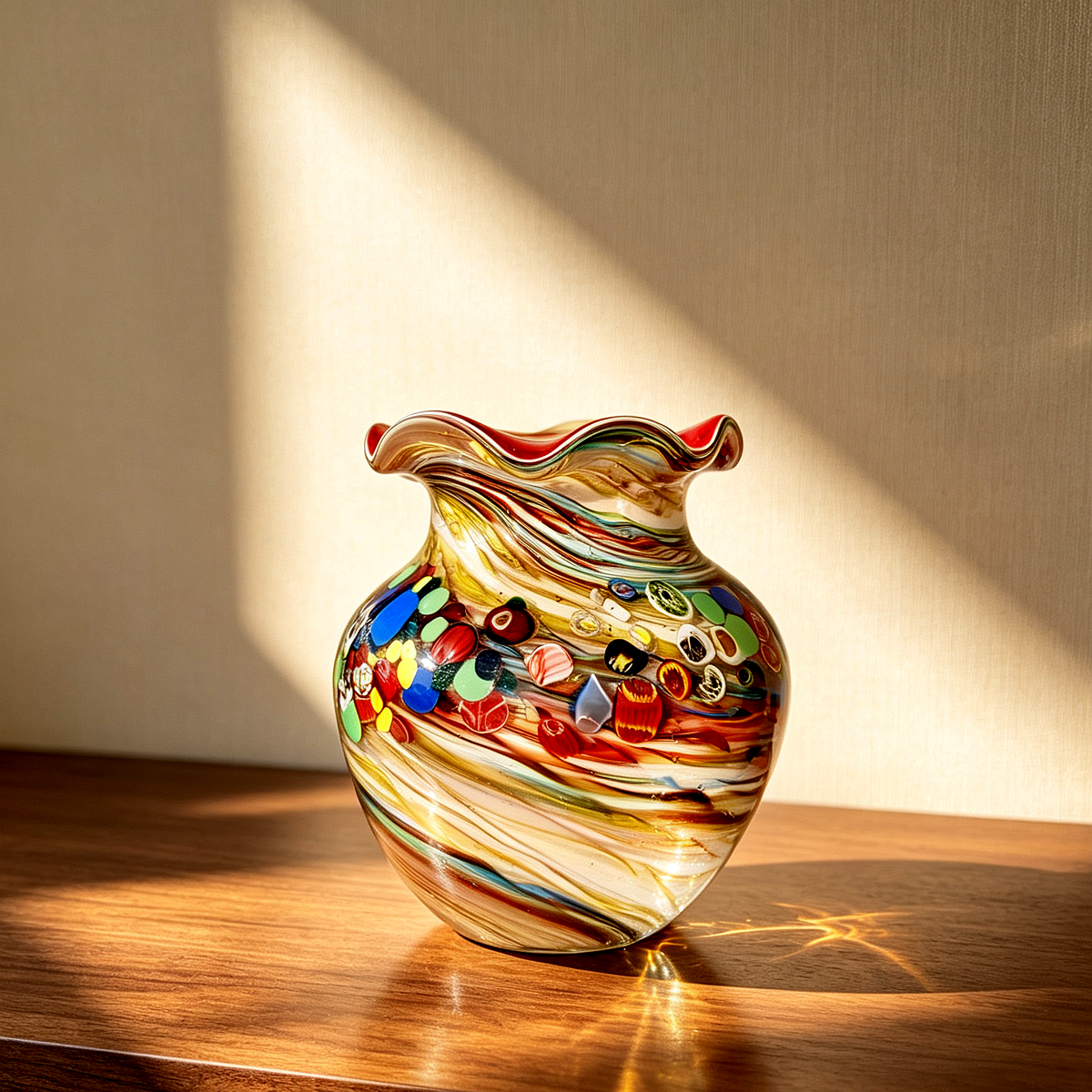 Vintage Millefiori Red Rim Glass Vase 9.1" | Hand Blown Ruffled Retro Decor Vase