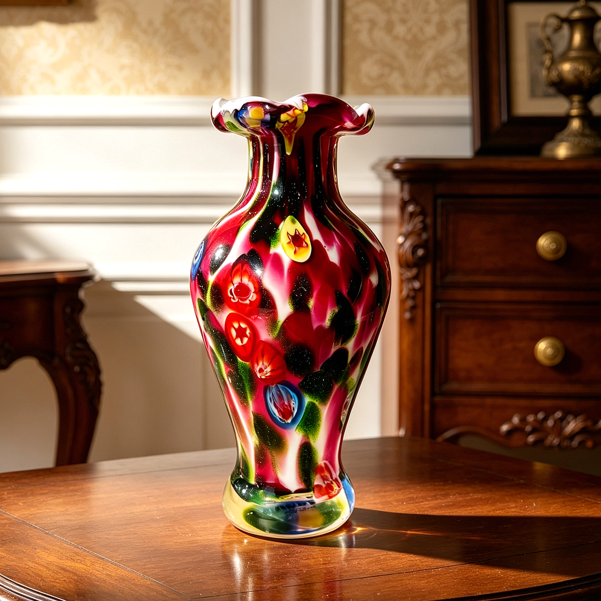 Vintage Murano Style Millefiori Glass Vase, 8-Inch Colorful Art Glass Flower Vase, Retro Handcrafted Look Home Decor