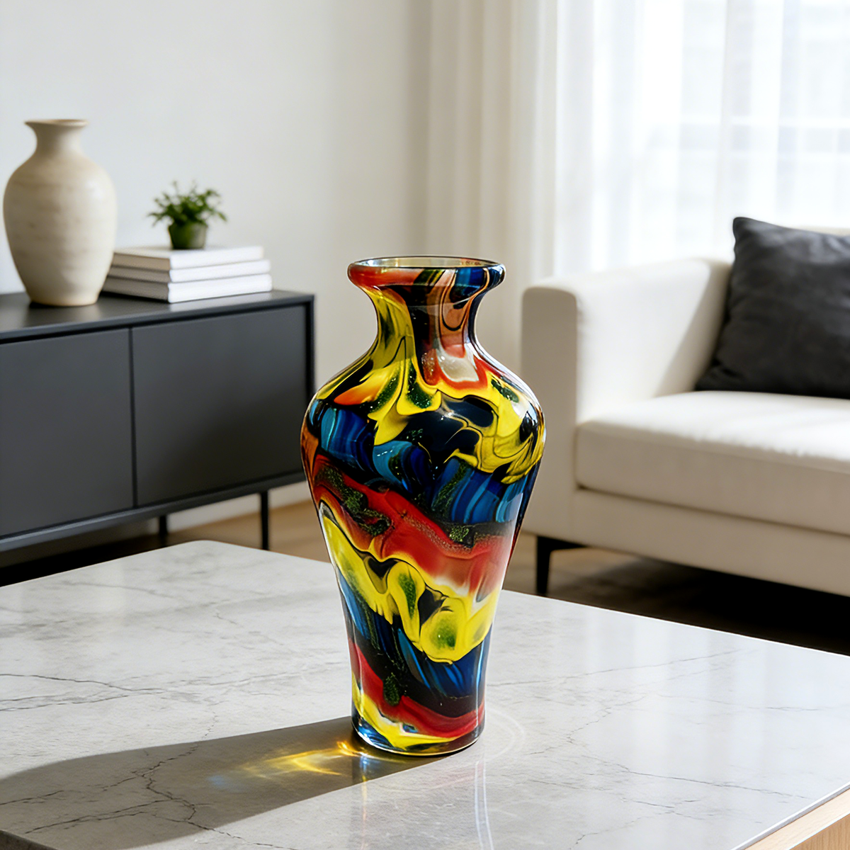 Murano Style Multicolor Art Glass Vase, Blue Yellow Red Swirl Decorative Vase