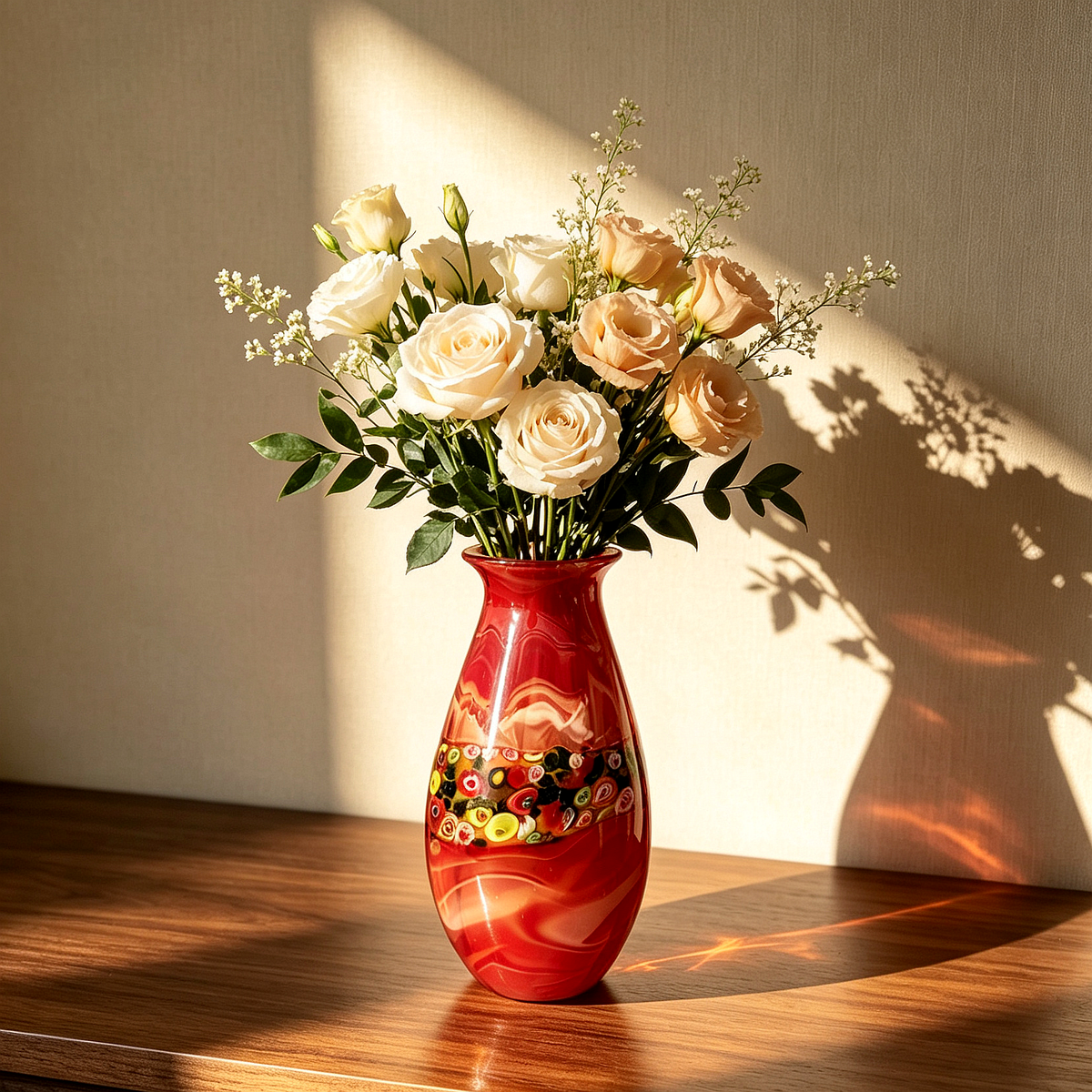 Vintage Red Millefiori Glass Vase 12.2" | Hand Blown Swirl Retro Decor Vase Gift
