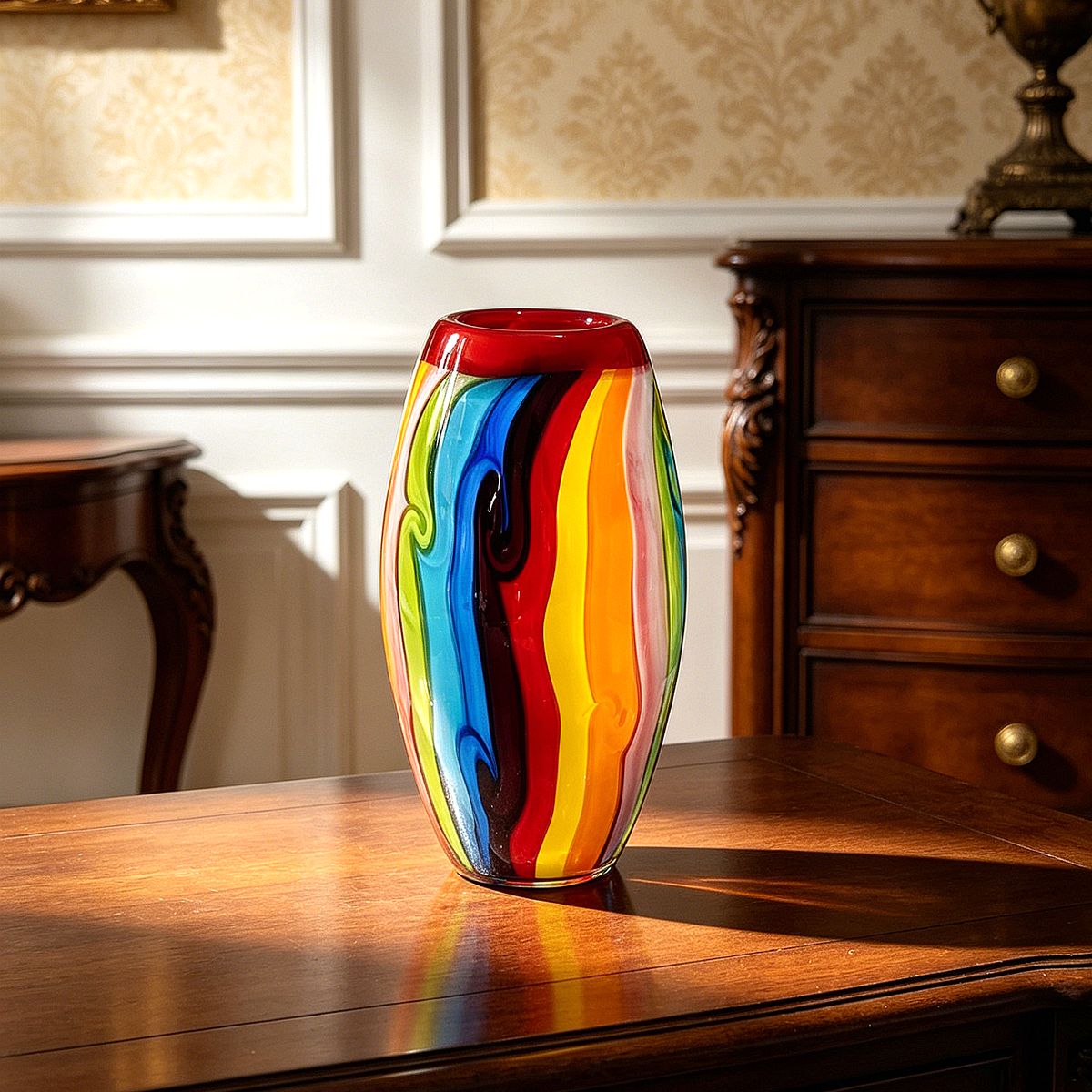 Hand Blown Murano Style Double Layer Rainbow Glass Vase 7 Inch, Red Interior Colorful Swirl Art Glass, Unique Small Table Decor Gift