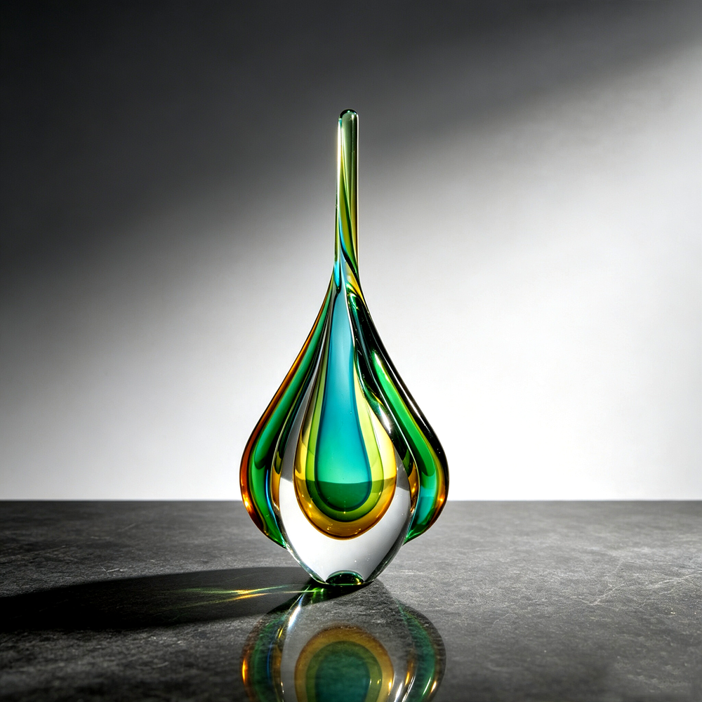 Handmade Sommerso Teardrop Glass Sculpture 13" | Twist Edge Refractive Table Decor Gift