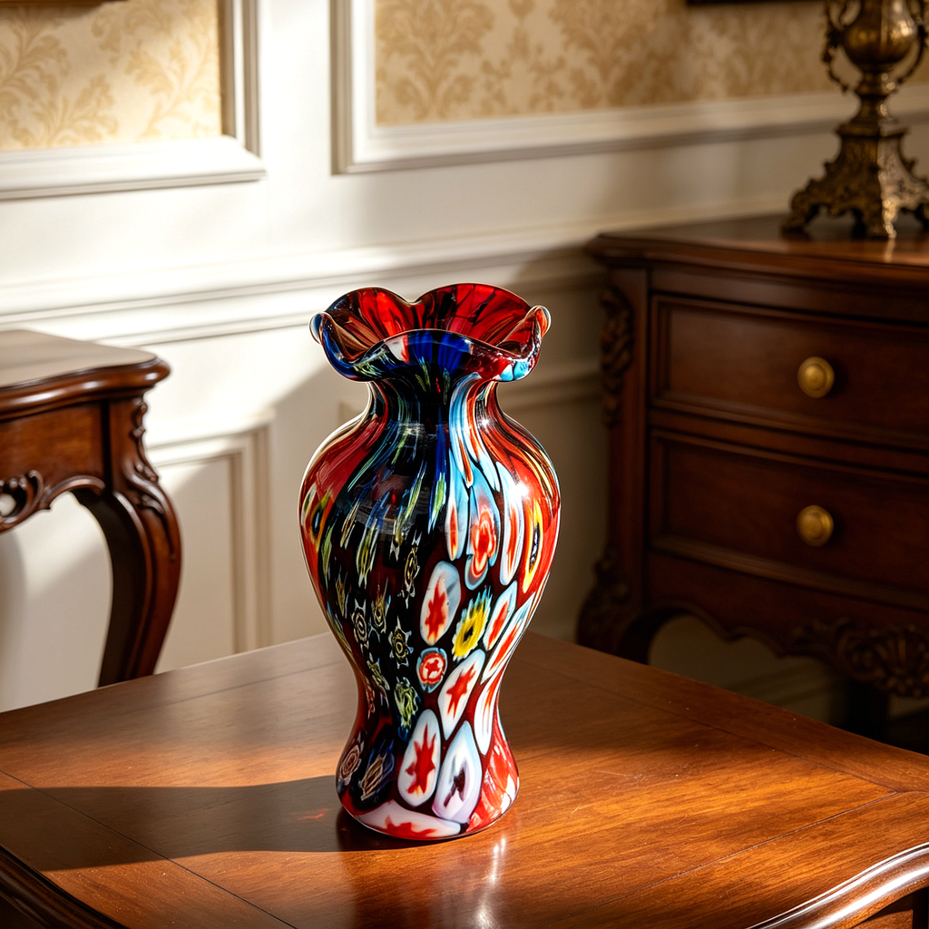 Vintage Murano Style Millefiori Glass Vase, Multicolor Art Glass Bud Vase, 20cm Decorative Statement Piece
