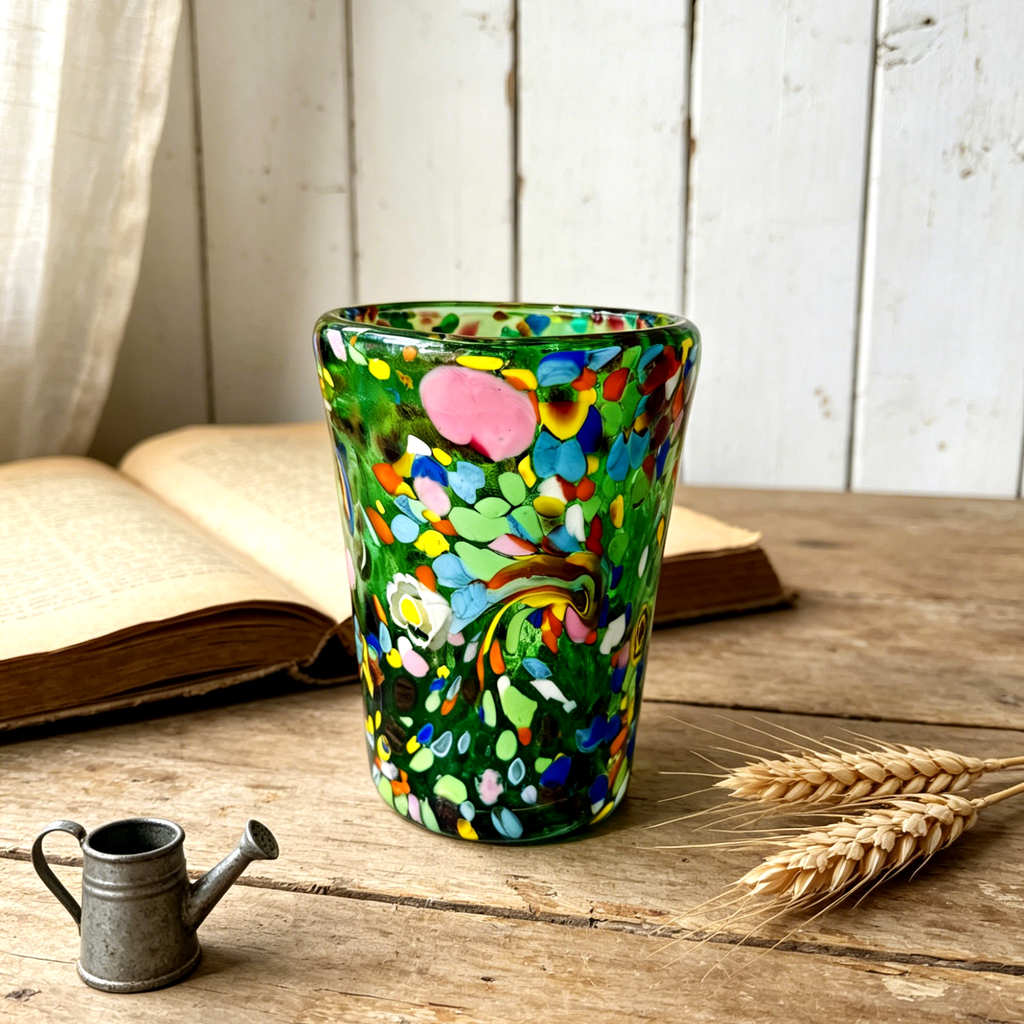 Murano Style Multicolor Art Glass Tumbler, Green Decorative Drinking Glass