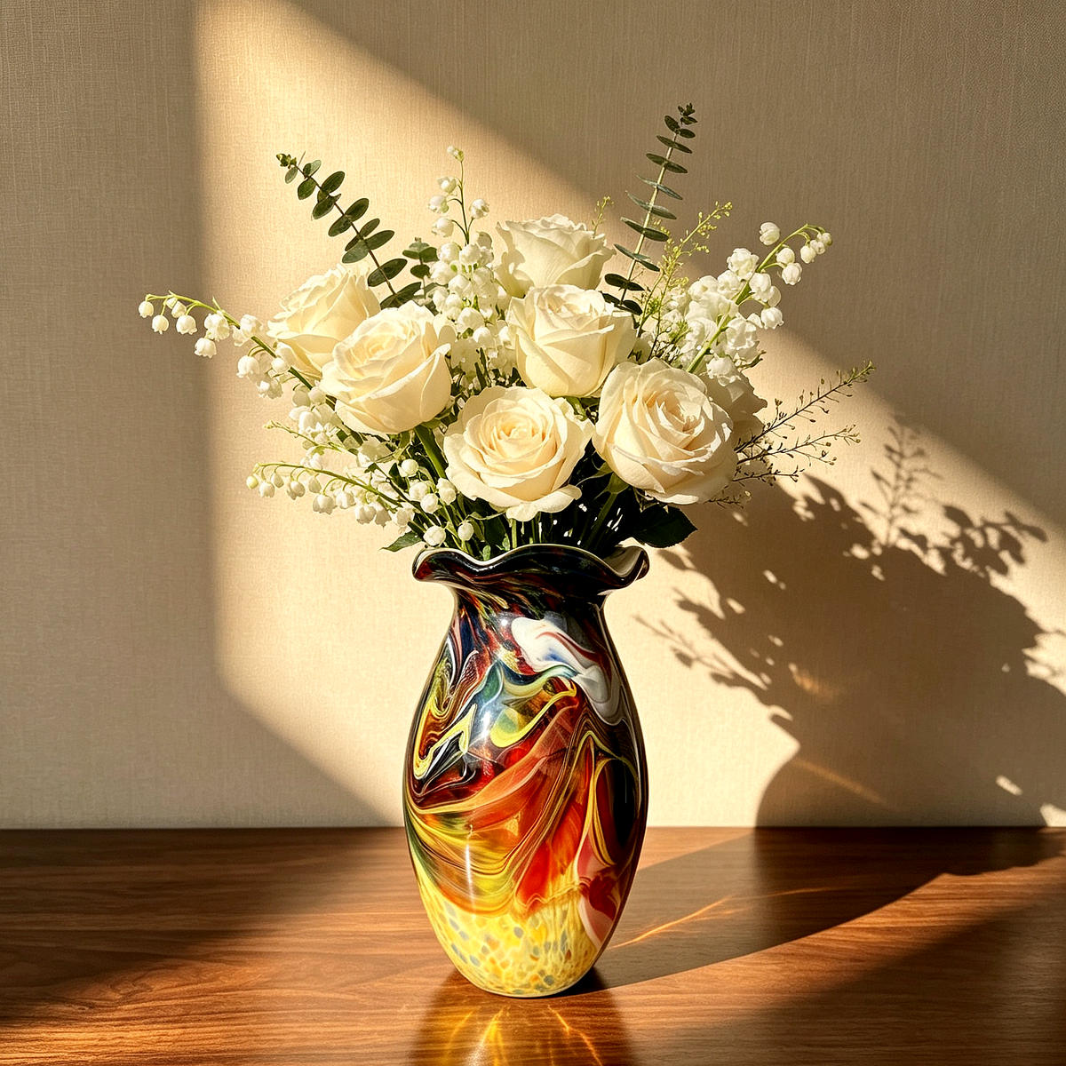 Hand-Blown Vintage Multicolor Art Glass Vase – Swirl Pattern, Ruffled Rim, One-of-a-Kind Retro Decor