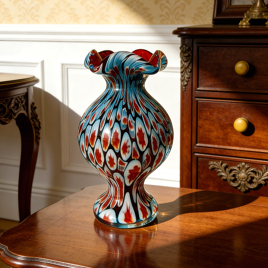 Hand-Blown Millefiori Art Glass Vase – Red, Turquoise & White Floral Patterns, Sculptural Ruffled Rim, Unique Artisan Home Decor