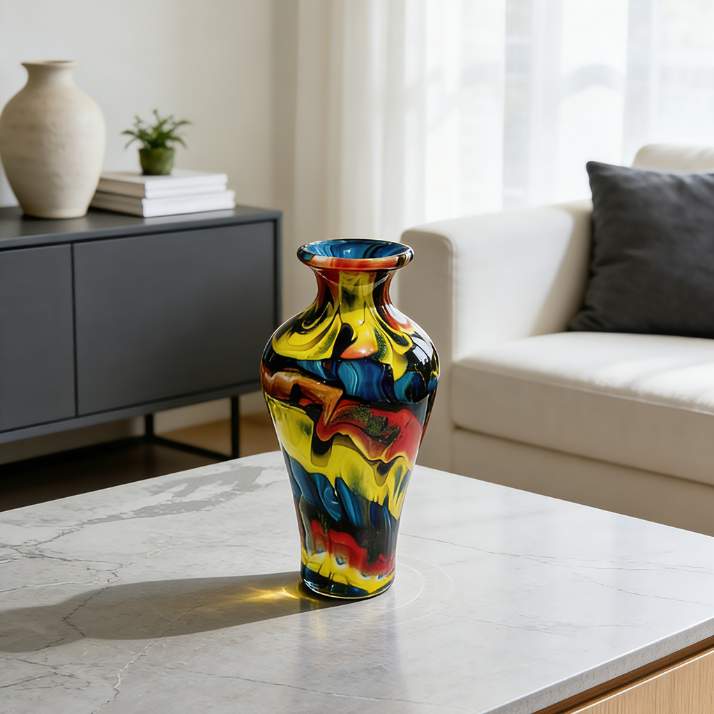 Murano Style Multicolor Art Glass Vase, Blue Yellow Red Swirl Decorative Vase