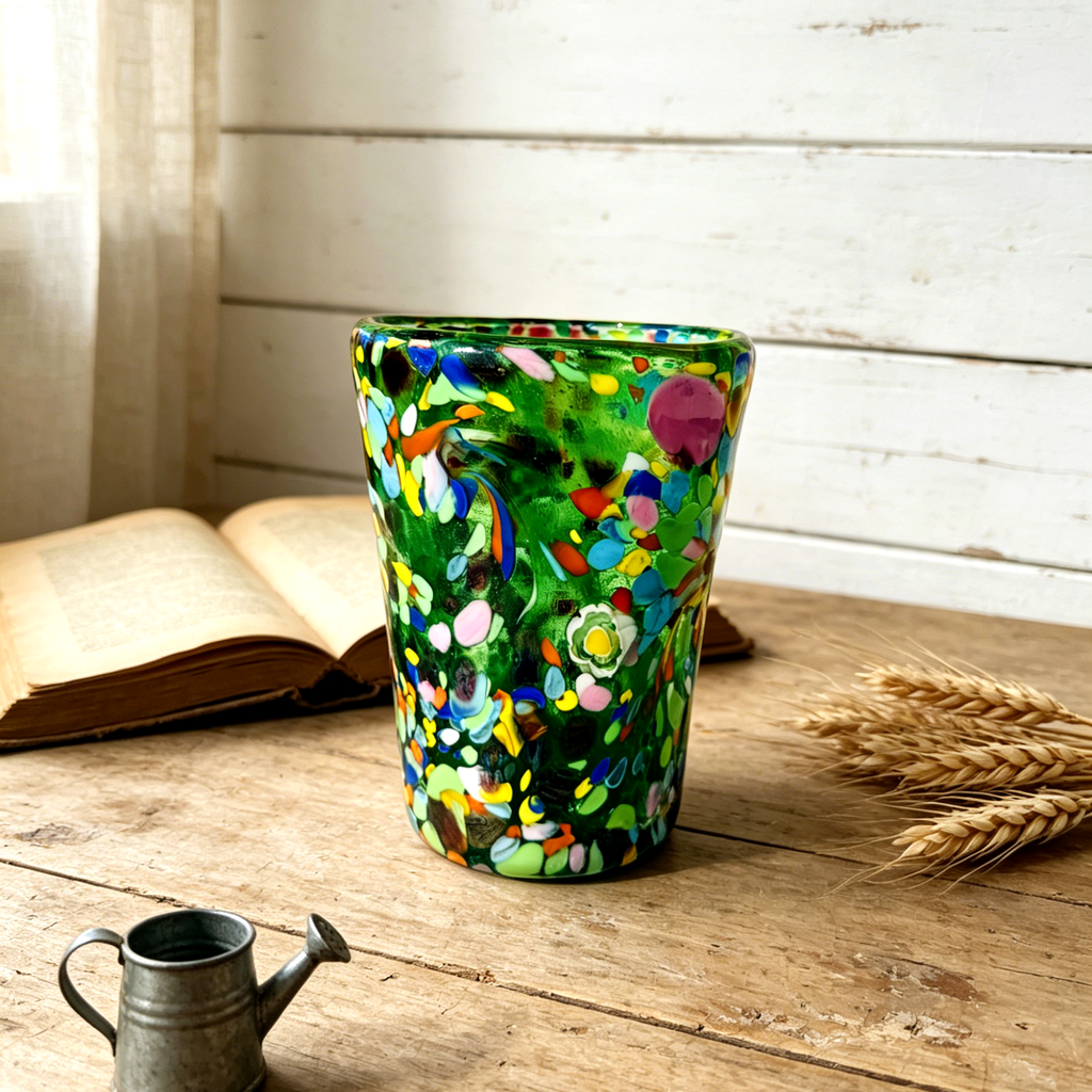 Murano Style Multicolor Art Glass Tumbler, Green Decorative Drinking Glass