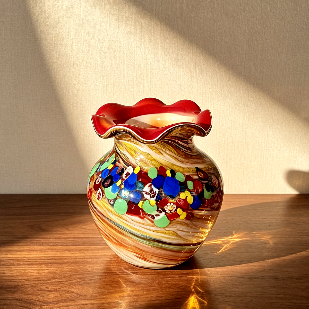 Vintage Millefiori Red Rim Glass Vase 9.1" | Hand Blown Ruffled Retro Decor Vase