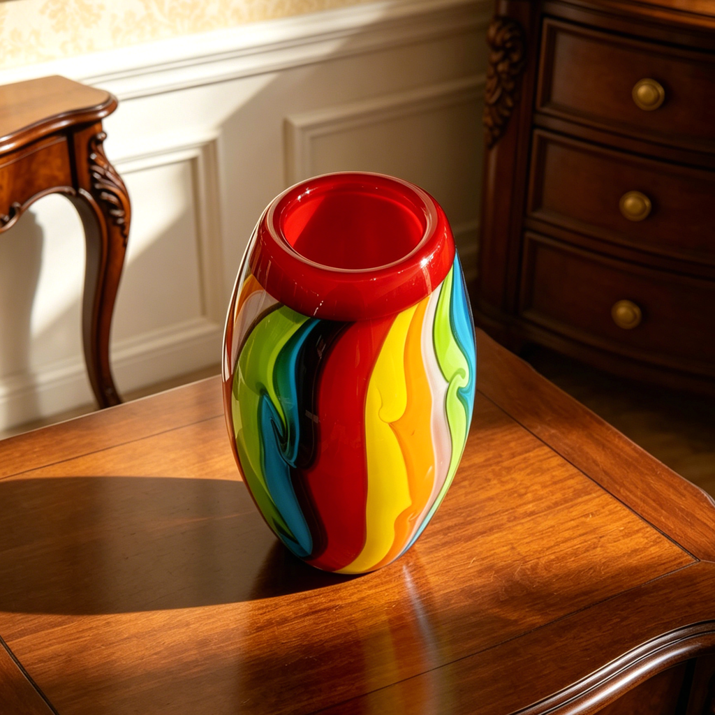 Hand Blown Murano Style Double Layer Rainbow Glass Vase 7 Inch, Red Interior Colorful Swirl Art Glass, Unique Small Table Decor Gift